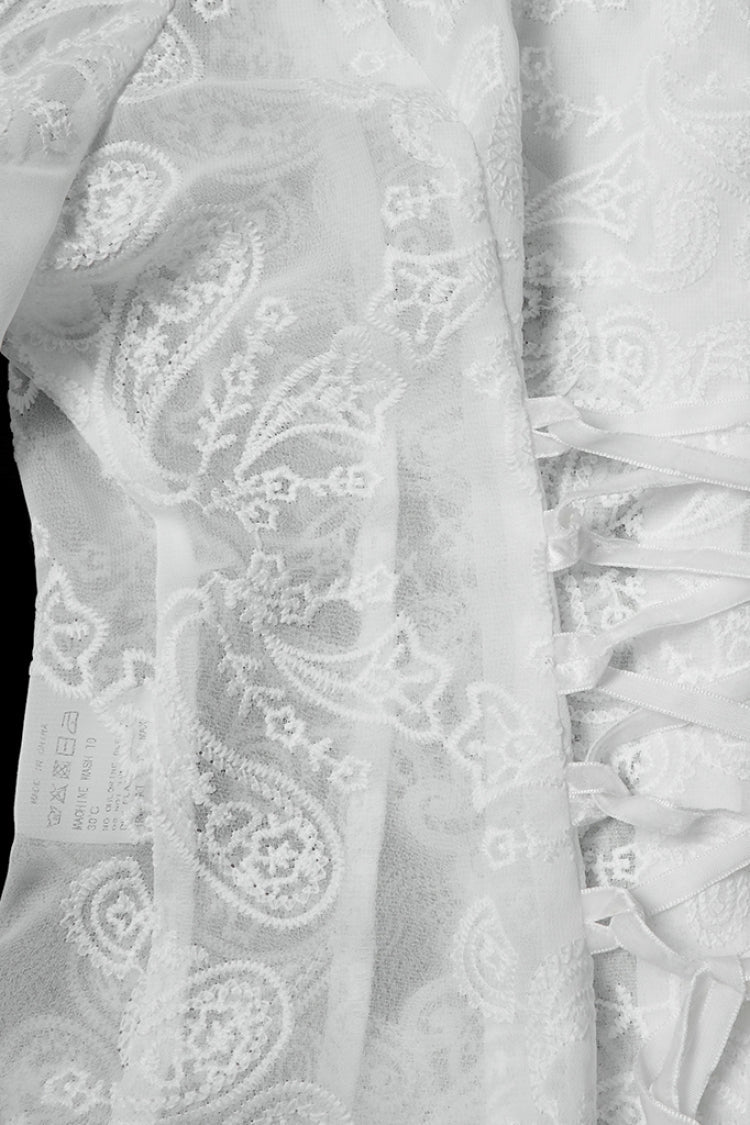 White Stand Collar Long Puff Sleeves Floral Embroidered Women's Gothic Blouse - Product - 8