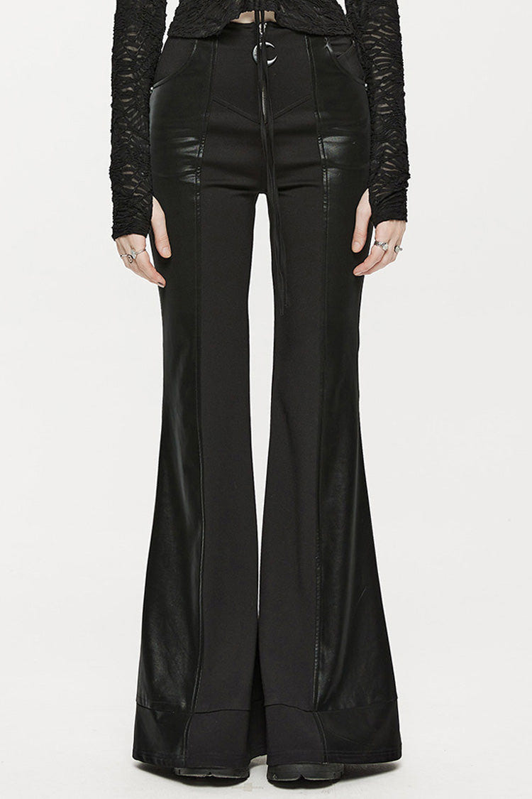 Black Stretch-Knit Paneled Faux Leather Waistband Ghost Button Flared Women's Punk Pants - Black - 1