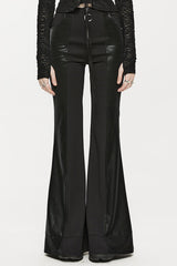 Black Stretch-Knit Paneled Faux Leather Waistband Ghost Button Flared Women's Punk Pants - Black - 1