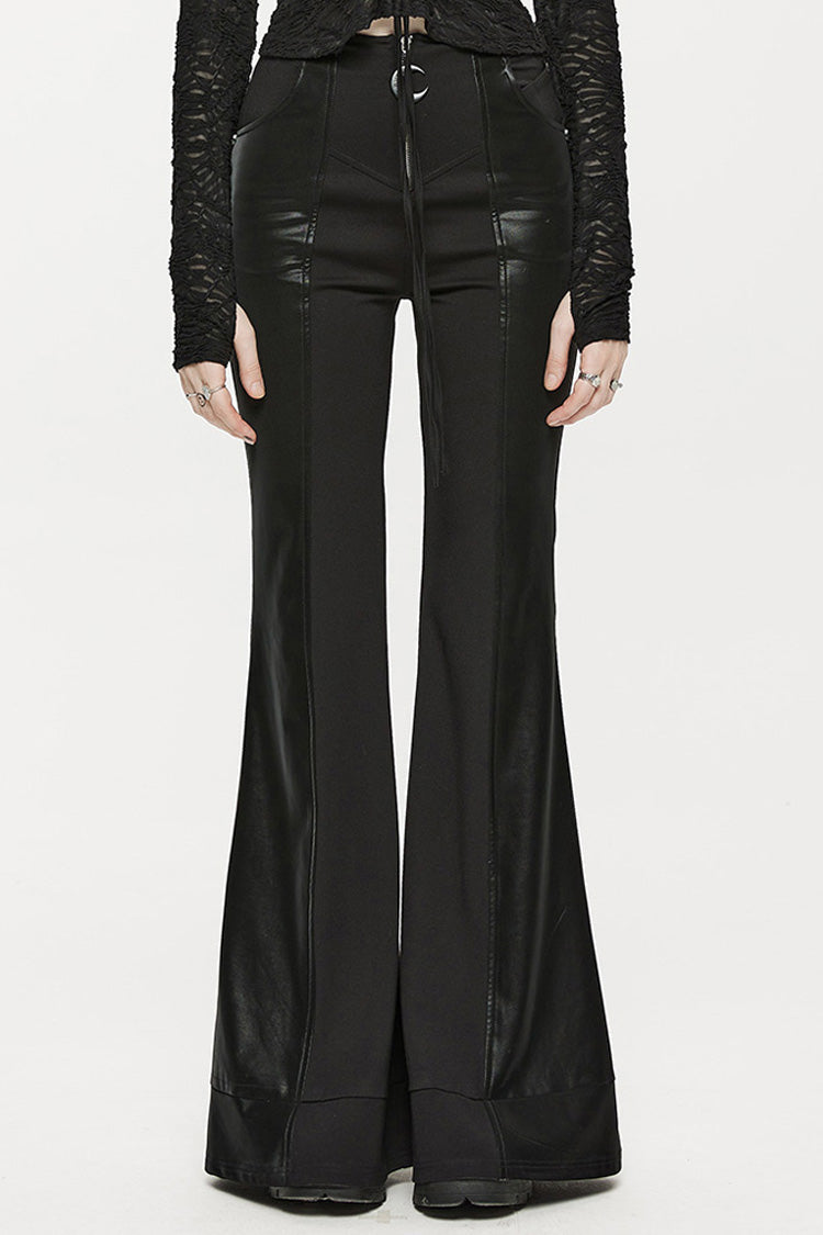 Black Stretch-Knit Paneled Faux Leather Waistband Ghost Button Flared Women's Punk Pants - Black - 1