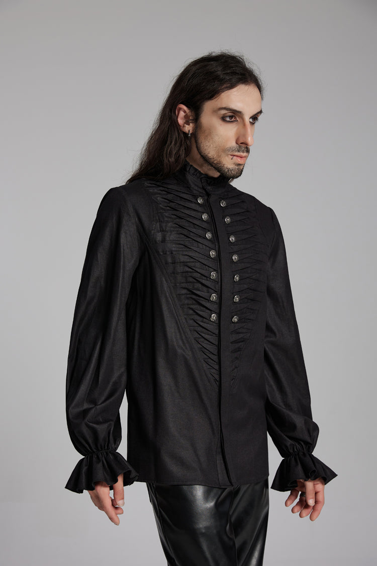 Black Long Sleeves Ruffle Beast Buckle Men's Gothic Blouse - Product - 3