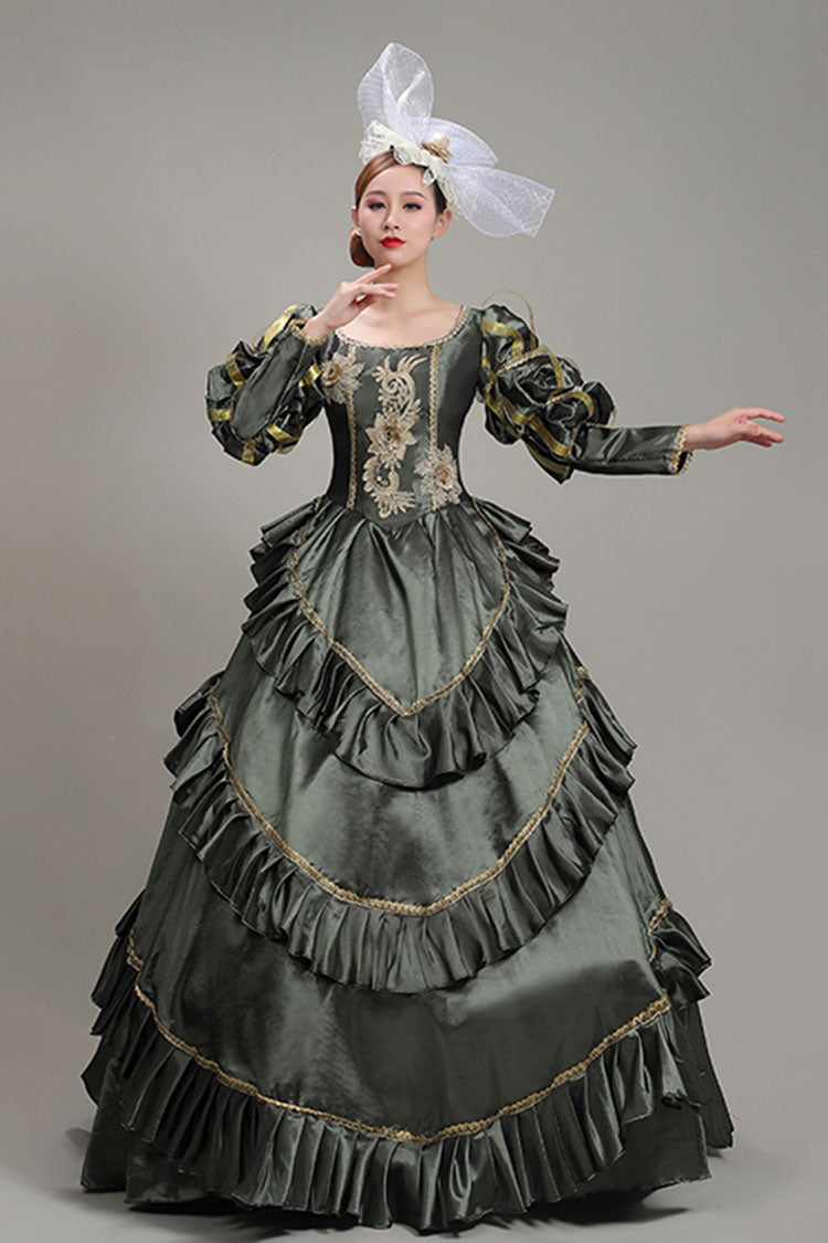Dark Gray Court Style High Waisted Long Sleeves Floral Print Multi-Layer Victorian Lolita Prom Dress - Product - 2