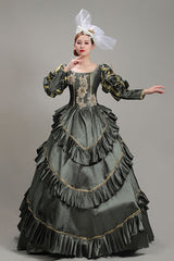 Dark Gray Court Style High Waisted Long Sleeves Floral Print Multi-Layer Victorian Lolita Prom Dress - Product - 2