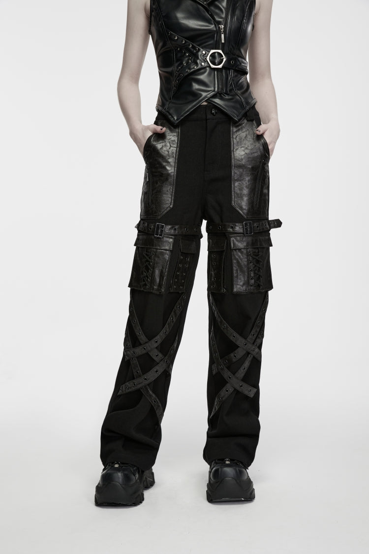 Black Patchwork Eyelet Women's Punk Cool Straight-leg Pants With Multi Pocket - Black - 1