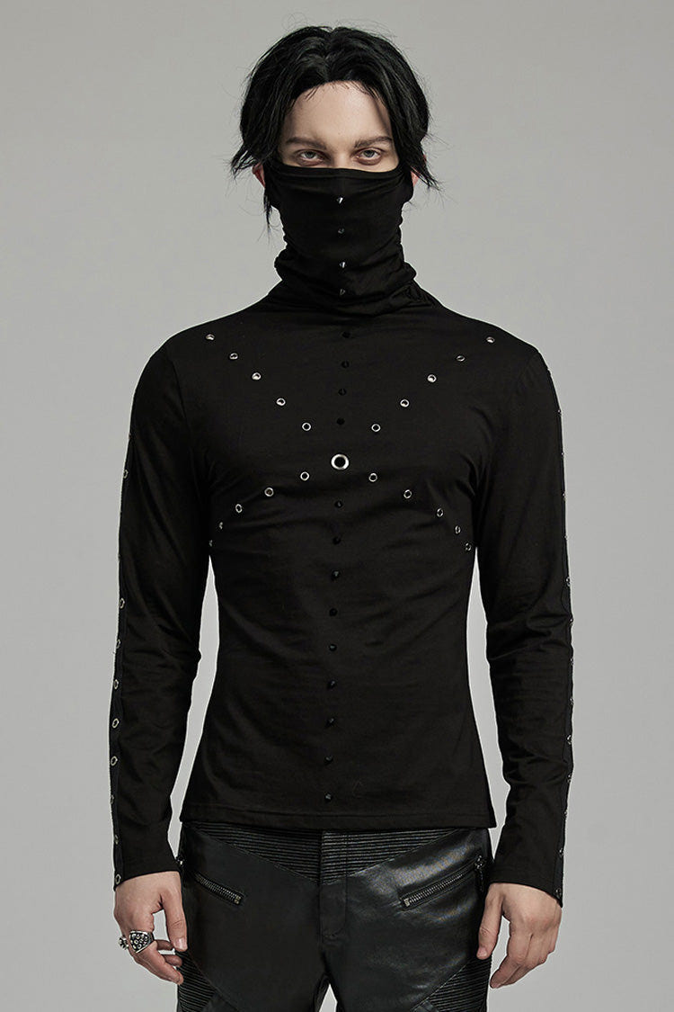 Black Long Sleeves Rivet Mesh Men's Punk Blouse with Undetachable Mask - Black - 1