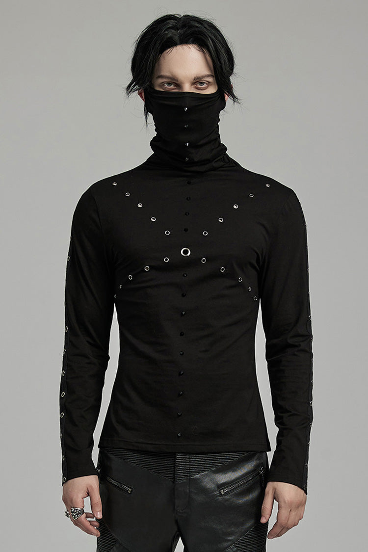 Black Long Sleeves Rivet Mesh Men's Punk Blouse with Undetachable Mask - Black - 1