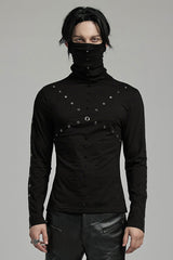 Black Long Sleeves Rivet Mesh Men's Punk Blouse with Undetachable Mask - Black - 1