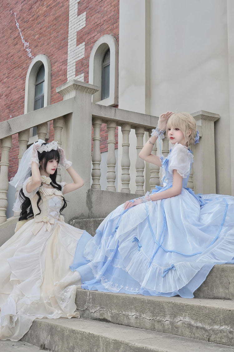 Sweet Short Puff Sleeves Ruffle Hanayome Cardigan Bowknot Princess Gorgeous Lolita Dress 2 Colors - Product - 4