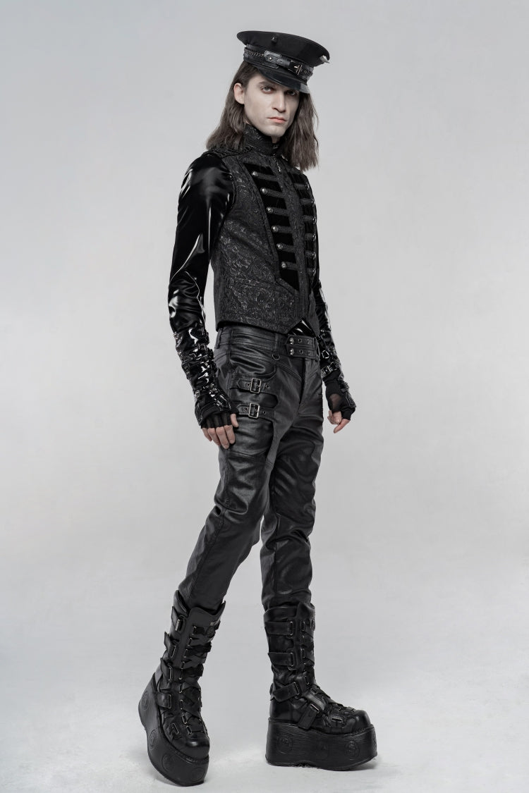 Black Stand Collar Jacquard Front Breasted Men's Gothic Vest - Product - 2