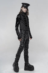 Black Stand Collar Jacquard Front Breasted Men's Gothic Vest - Product - 2