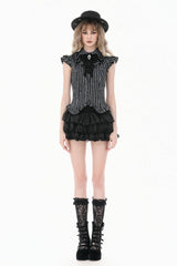 Black/White Vertical Striped Turn-down Collar Ruffled Women's Gothic Blouse with Detachable Tie - Product - 8