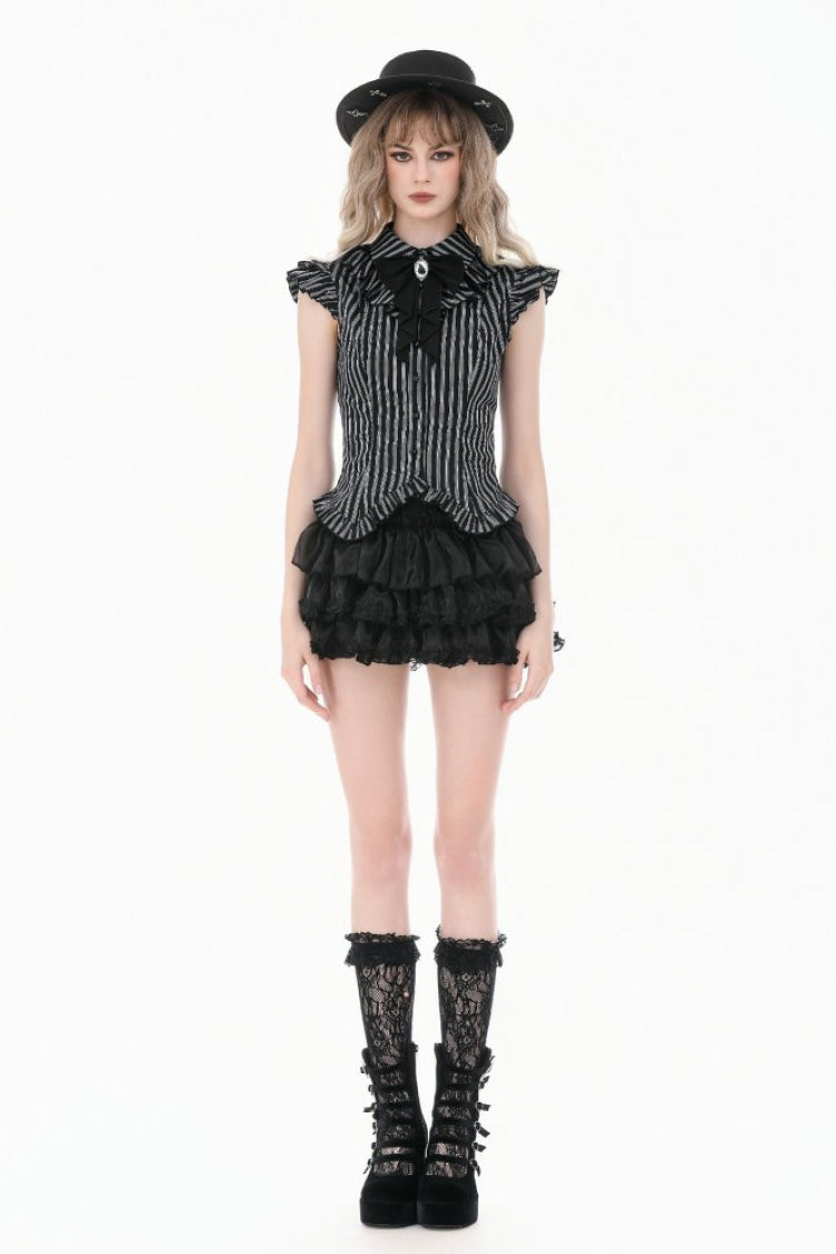 Black/White Vertical Striped Turn-down Collar Ruffled Women's Gothic Blouse with Detachable Tie - Product - 8