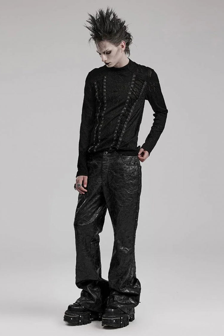 Black Round Collar Long Sleeves Jacquard Symmetrical Rope Mens Gothic T-Shirt - Product - 4