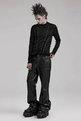 Black Round Collar Long Sleeves Jacquard Symmetrical Rope Mens Gothic T-Shirt - Product - 4
