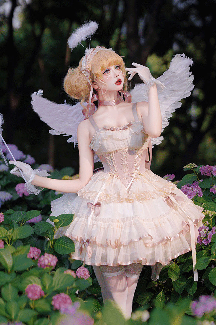Pink/Ivory Dance of Time Triple-Layered Ballet Style Bowknot Lace-Up Sweet Lolita Jsk Dress - Pink/Ivory - 1