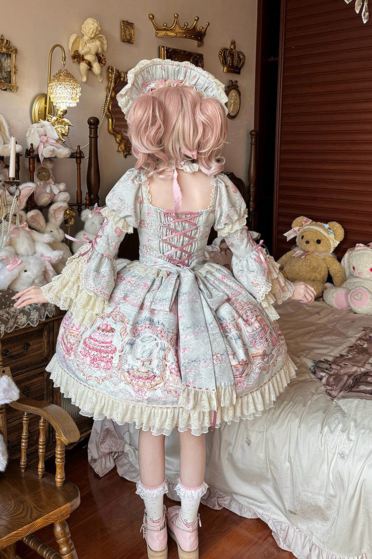 Blue/Pink [Victoria Cake] Square Collar Long Trumpet Sleeves Jacquard Printed Ruffled Bow Lace Sweet Lolita Dress - Product - 7