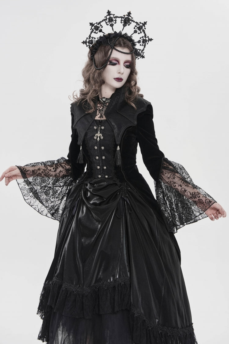 Black Long Trumpet Sleeves Embroidered Lace Slim Zippered Women's Gothic Bat Wing Collar Double-breasted Zip Jacket - Product - 11