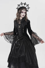Black Long Trumpet Sleeves Embroidered Lace Slim Zippered Women's Gothic Bat Wing Collar Double-breasted Zip Jacket - Product - 11