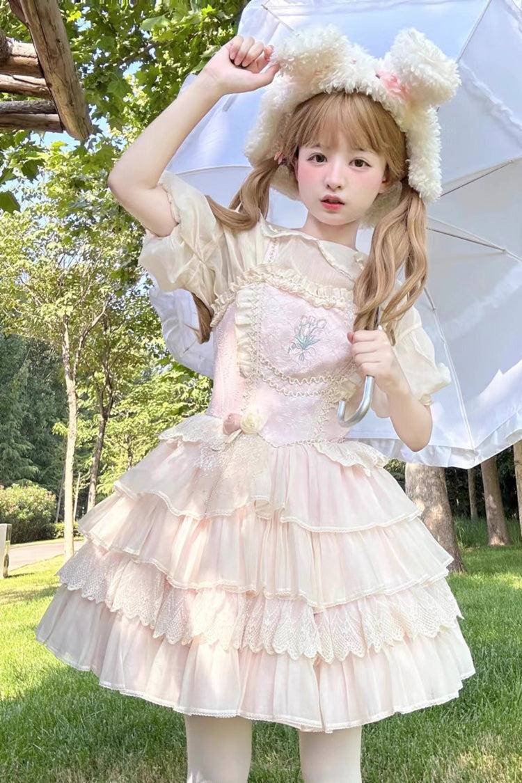 [Good Night, Tulip] Sleeveless Multi-Layered Ruffled Embroidered Lace Sweet Ballet Lolita Jsk Dress 2 Colors - Product - 6