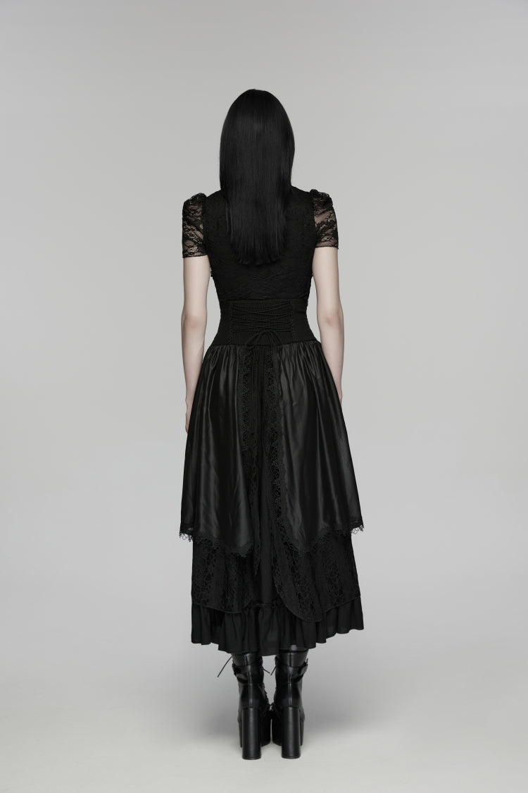 Black High Waisted Multi-Layered Floral Embroidered Lace Pleated Women's Gothic Elegant Cosplay Skirt - Product - 3