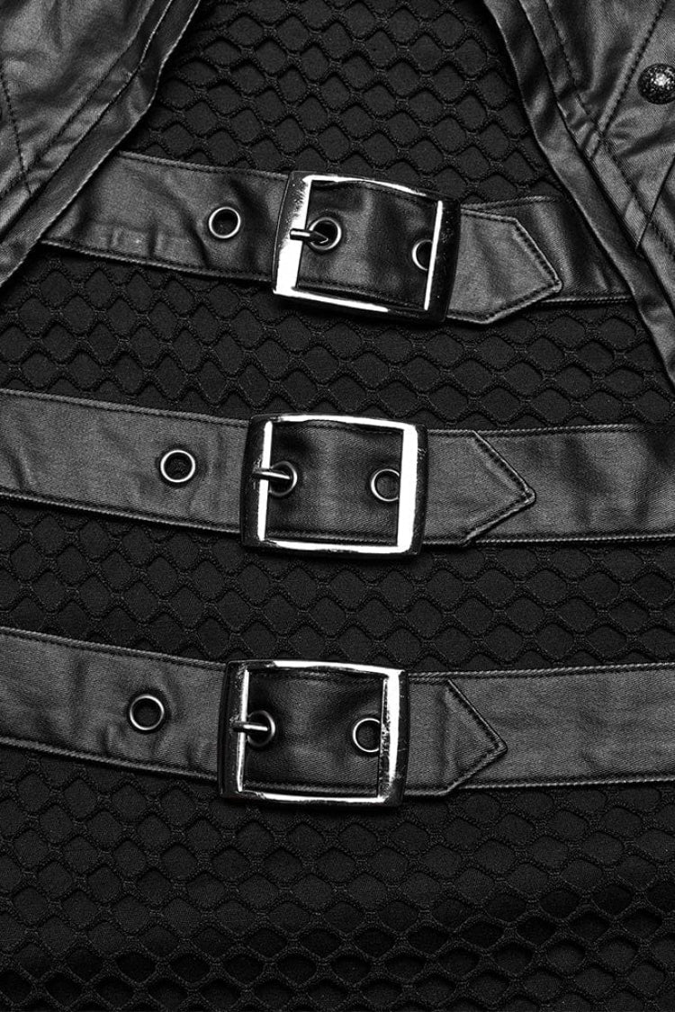 Black Faux Leather Stitching Mesh Sheer Metal Rivets Mens Steampunk Vest - Product - 6