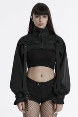 Black Stand Collar Long Sleeves Straps Women's Punk Cape - Black - 1