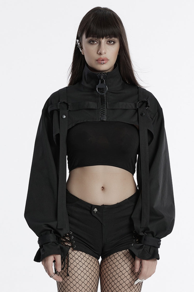 Black Stand Collar Long Sleeves Straps Women's Punk Cape - Black - 1