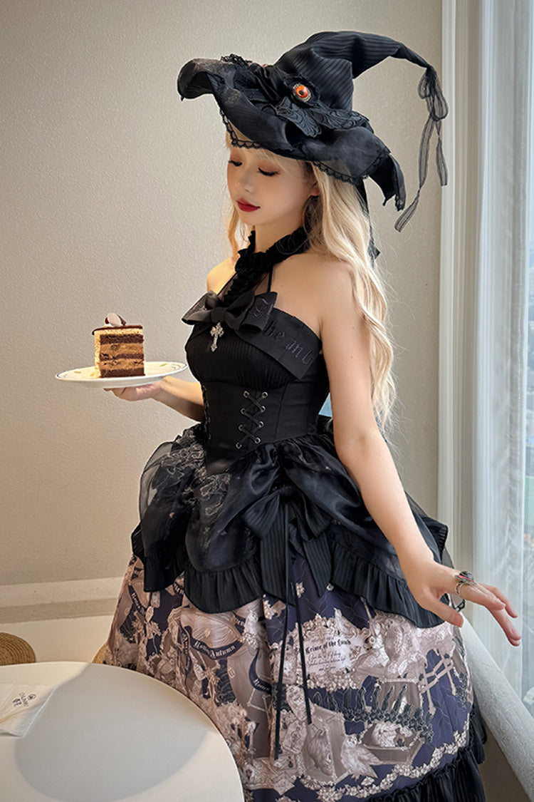 Black [The Mystery of The Doll] Halterneck Print Ruffle Bowknot Drawstring Gothic Lolita Dress - Product - 9