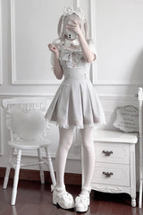[Pearl Letter] Lapel Collar Short Sleeves Ruffled Bow Lace Jirai Kei Japanese Dress 2 Colors - Product - 7