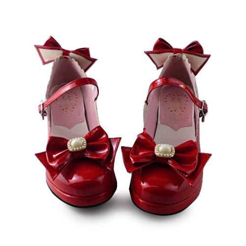 Red Mirror Face Bowknot Lovely Bride High Heel Sweet Lolita Shoes - Product - 2