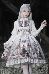 Dark Fairy Tale Print Ruffle Bowknot Gothic Lolita Jsk Dress 2 Colors - White - 3