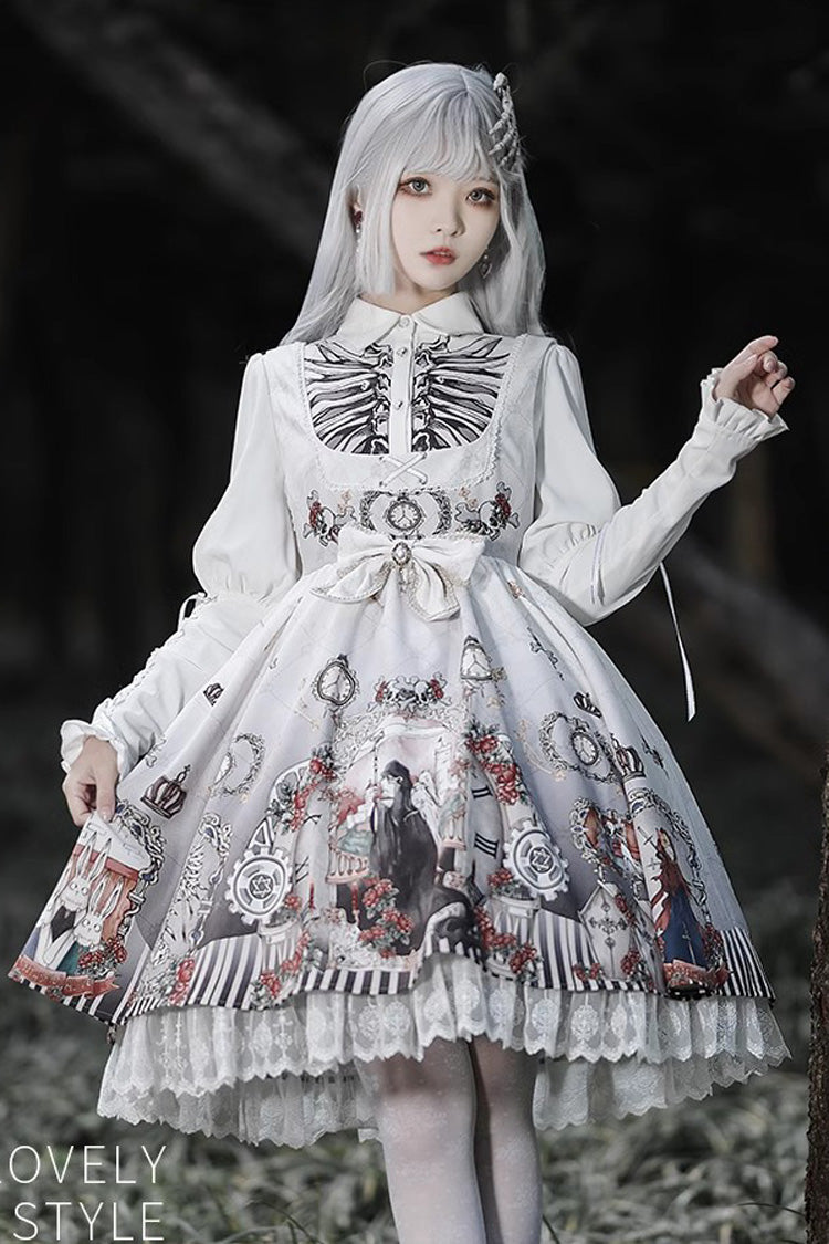 Dark Fairy Tale Print Ruffle Bowknot Gothic Lolita Jsk Dress 2 Colors - White - 3