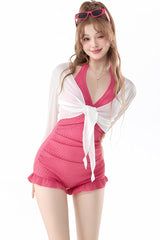 Rose Red V Collar Halterneck Sleeveless Jacquard Ruffled Bow Sweet Lolita One-piece Swimsuit - Product - 7