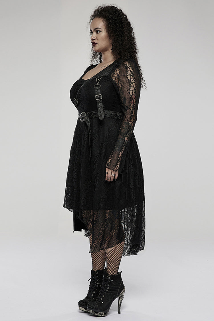 Black Elasticity Modal Cotton Fabric Patchwork Lace Metal Buckle Belt Long Hem Long Sleeve Women's Plus Size Gothic Dress - Product - 2