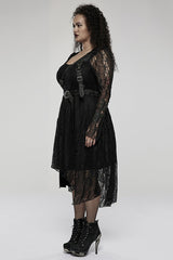 Black Elasticity Modal Cotton Fabric Patchwork Lace Metal Buckle Belt Long Hem Long Sleeve Women's Plus Size Gothic Dress - Product - 2