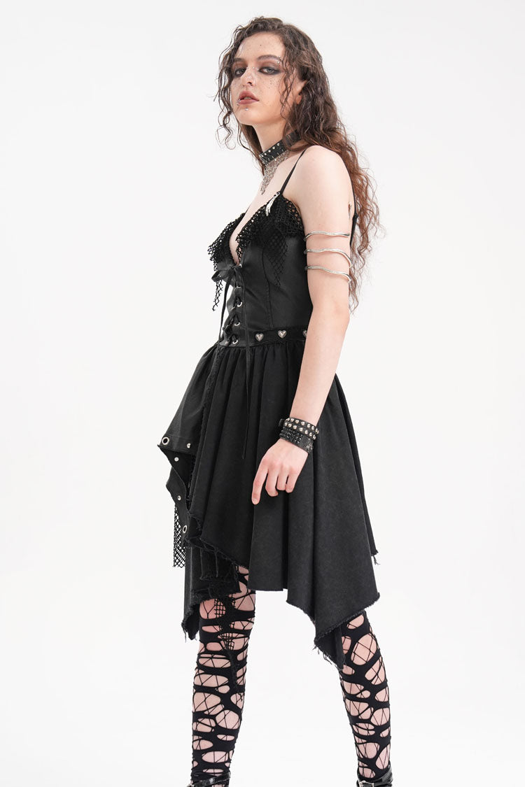 Black Sleeveless Lace Irregular Mesh Women's Gothic Slip Dress - Product - 8