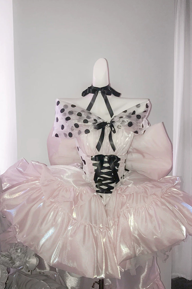 Pink [Polka Dot × Gown Coronation] Sleeveless Printed Ruffled Bow Lace-Up Princess Gorgeous Sweet Lolita Dress - Product - 2