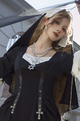 Black [Halloween Night Temple Nun] Short Sleeves Print Ruffle Gothic Elegant Lolita Dress - Product - 7