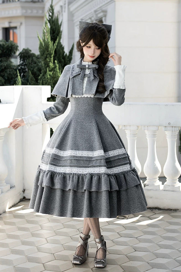 Grey [Letters and Poems · Old Memories] Stand Collar Long Sleeves Double-Layered Ruffled Bow Classic Elegant Lolita Dress 2 Versions - Grey(Long-Version) - 11