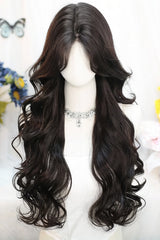 Ins Style Sweet Lolita Curtain Bangs Long Curly Wig 2 Colors - Black-Tea-Brown - 1