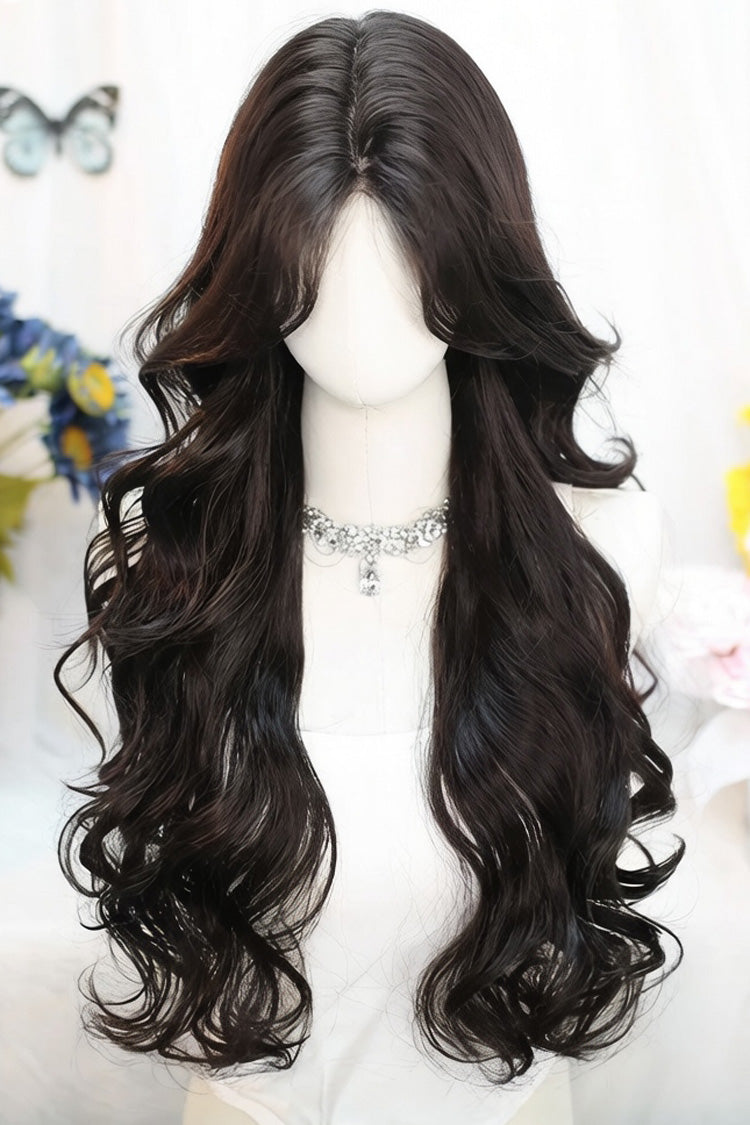 Ins Style Sweet Lolita Curtain Bangs Long Curly Wig 2 Colors - Black-Tea-Brown - 1