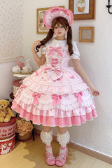 Pink [Fondant Cake] Sleeveless Multi-Layered Ruffle Bowknot Lace Sweet Lolita Jsk Dress - Product - 2