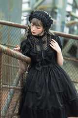 Black Elegant Round Collar Bowknot Short Sleeves High Waisted Gothic Lolita OP Dress - Product - 4