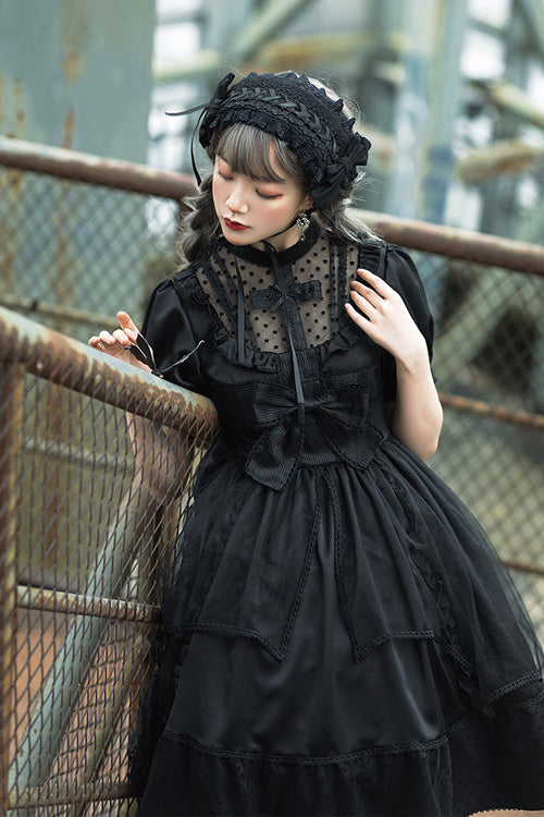 Black Elegant Round Collar Bowknot Short Sleeves High Waisted Gothic Lolita OP Dress - Product - 4