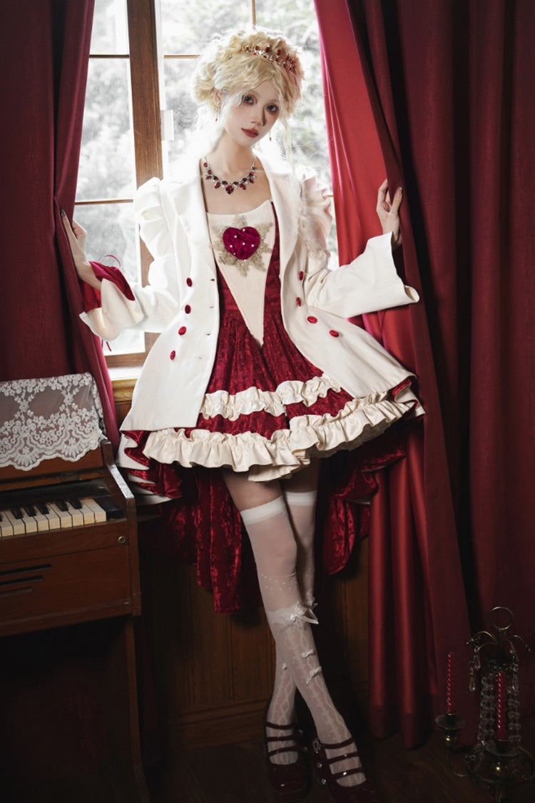 White Double-breasted Short Front and Long Back Irregular Gothic Lolita Coat - Product - 6