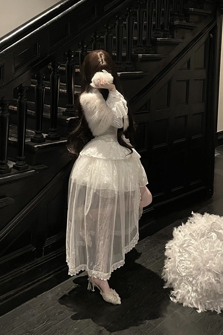 White [First Snow] Long Sleeves Lace Irregular Sweet Lolita Skirt Three-piece Set - Product - 9