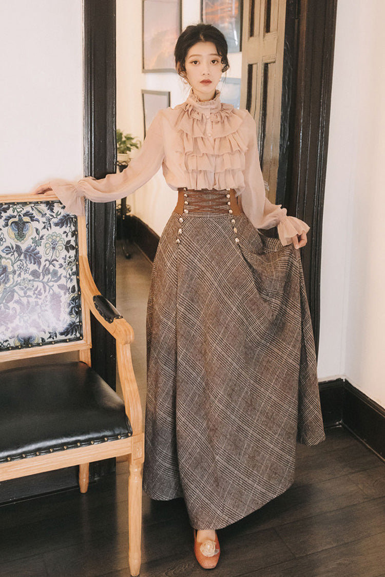 Pink/Brown Stand Collar Long Lantern Sleeves Ruffled Lace-Up Classic Vintage Lolita Skirt Set - Product - 5