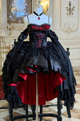 Black/Red [Blood Feast] Halloween Off Shoulder Jacquard Ruffled Lace-Up Gothic Elegant Lolita Jsk Dress - Black - 1