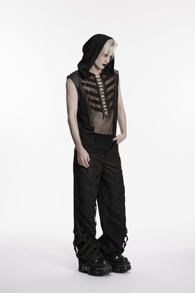 Black Spliced Lace-Up Slim Hooded Mesh Eyelet Men's Punk Cool Vest - Product - 8