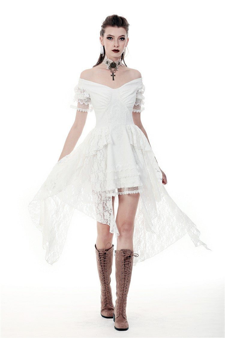 White Off Shoulder Lace Short Sleeves Lace-Up Women's Steampunk Luxurious Wedding Graduation Dress - Product - 8